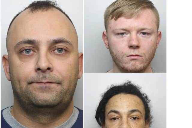 Haroon Murtza, left, Cameron Mason, top right, and Junior Coley were jailed for a total of 39 years and seven months over the shooting at Longroyd Crescent, Beeston.