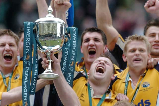 Leeds Tykes celebrate winning the Powergen Cup back in 2005. Picture: Steve Riding