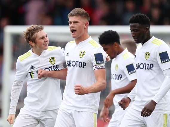 Leeds United Under-23s captain Charlie Cresswell (middle) is away with England over the international break. (Photo by Lewis Storey/Getty Images)