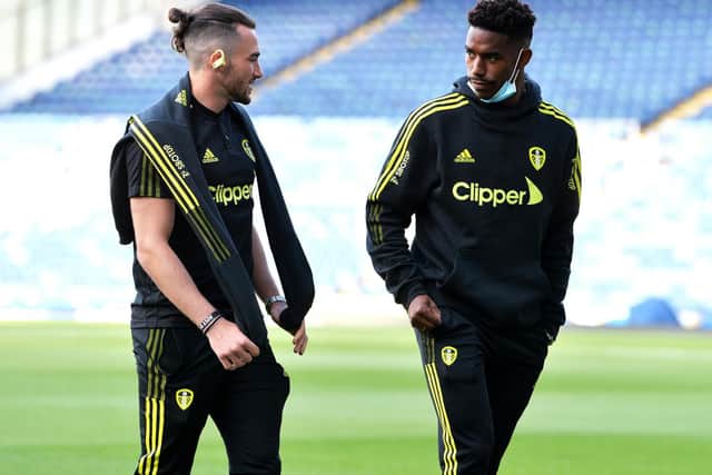 Leeds United's Jack Harrison and Junior Firpo. Pic: Jonathan Gawthorpe