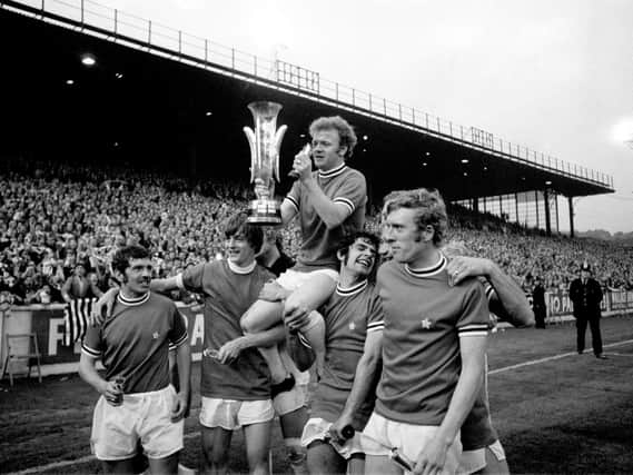 Leeds United lift the 1971 Fairs Cup. Pic: Press Association