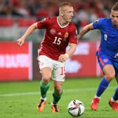 England’s Kalvin Phillips battles for the ball during Thursday’s World Cup qualifier at the Puskas Arena. Picture: Getty Images