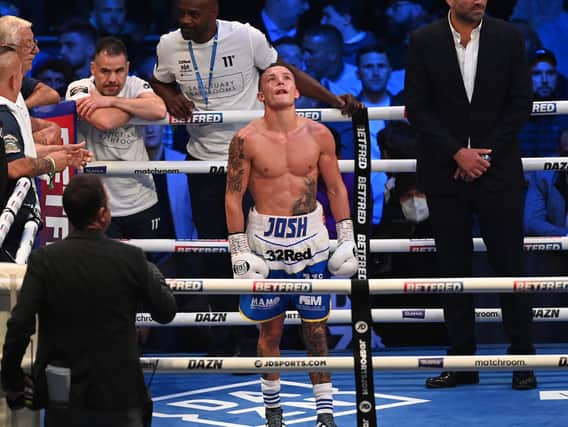 Josh Warrington reacts following the decision to halt the fight at Headingley with Mauricio Lara. Picture By Matthew Pover Matchroom Boxing