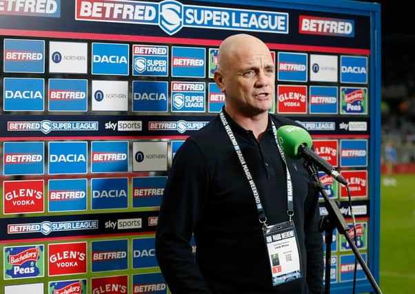 Leeds Rhinos head coach Richard Agar is interviewed at St James's Park yesterday. Picture: Ed Sykes/SWpix.com.