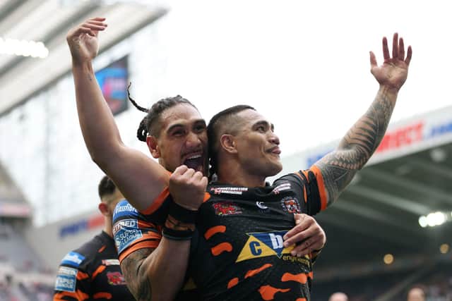 Peter Mata’utia celebrates scoring Castleford’s final try in their 29-18 victory over Salford Red Devils. Picture: John Clifton/SWpix.com.