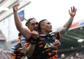 Peter Mata’utia celebrates scoring Castleford’s final try in their 29-18 victory over Salford Red Devils. Picture: John Clifton/SWpix.com.