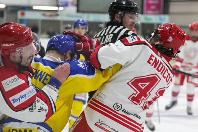 FLASHPOINT: Tempers boiled over in the third period Ross Kennedy and Oliver Endicott both getting five-minute fighting majors. Picture courtesy of Kat Medcroft/SwindonWildcats