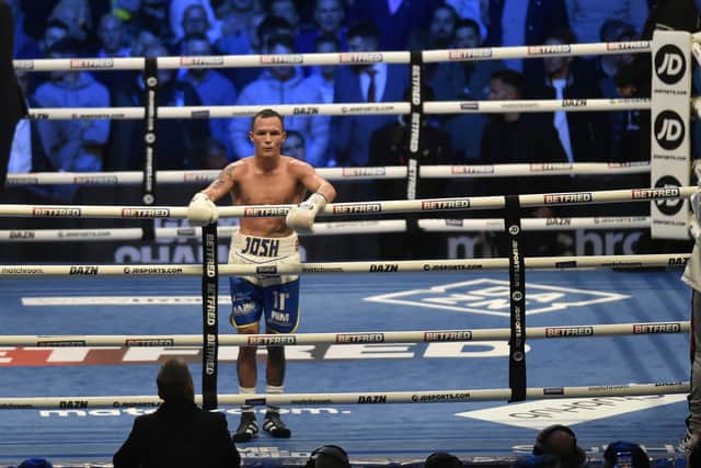 Josh Warrington cast a forlorn figure after his featherweight rematch with Mauricio Lara was stopped and declared a draw. Picture: Steve Riding.