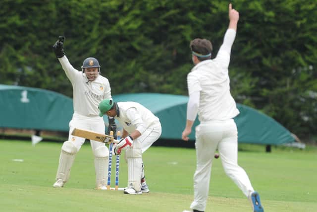 Tahseen Shah Suleman of Batley is bowled by Townville's Conor Harvey for four. Picture: Steve Riding.
