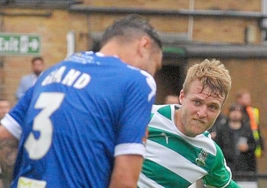 Farsley's
Will Hayhurst who scored against his former club York City. Picture: Steve Riding.