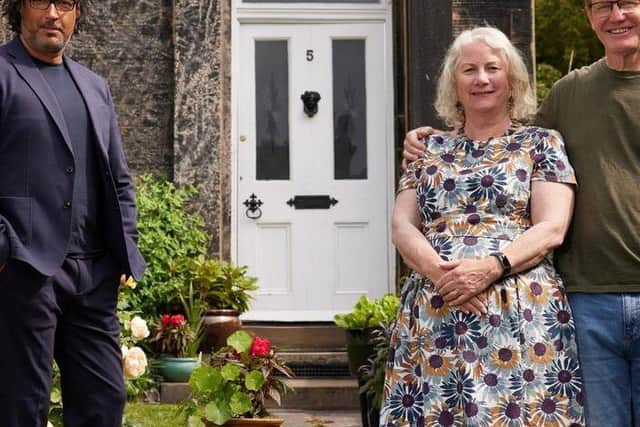 Pete and Jackie Slater outside 5 Grosvenor Mount with Dr David Olusoga