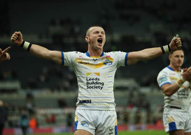 Leeds Rhinos' Harry Newman celebrates his side's epic victory over Hull FC at Magic Weekend. Picture: John Clifton/SWpix.com.