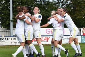 Get in! Leeds United Women celebrate Abbi Brown's 87-minute winner against Liverpool Feds. Picture: LUFC