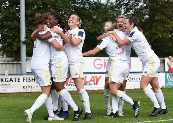 Get in! Leeds United Women celebrate Abbi Brown's 87-minute winner against Liverpool Feds. Picture: LUFC