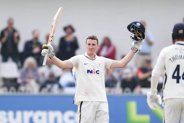 Yorkshire's Harry Brook celebrates his century against Somerset