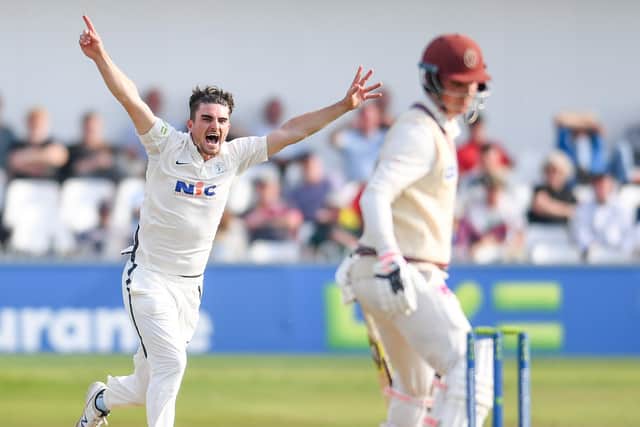 Yorkshire's Jordan Thompson celebrates the wicket of Somerset's Tom Banton after he was caught behind by teammate Harry Duke