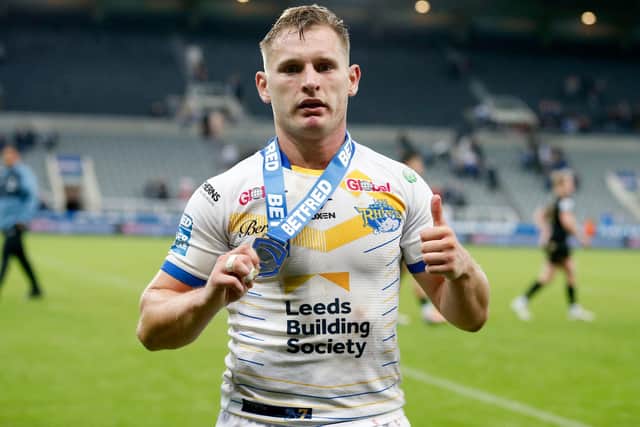 Leeds Rhinos' Brad Dwyer with his man-of-the-match award. Picture: Ed Sykes/SWpix.com.