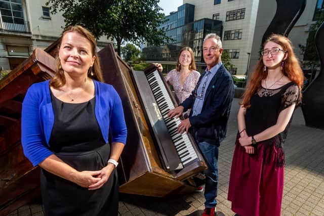 Fiona Sinclair (left), chief executive of the Leeds International Piano Competition, pictured with Adam Gatehouse, the competition's artistic director, and two Leeds University interns - Hannah Booth and Vaiva Paulauskaite