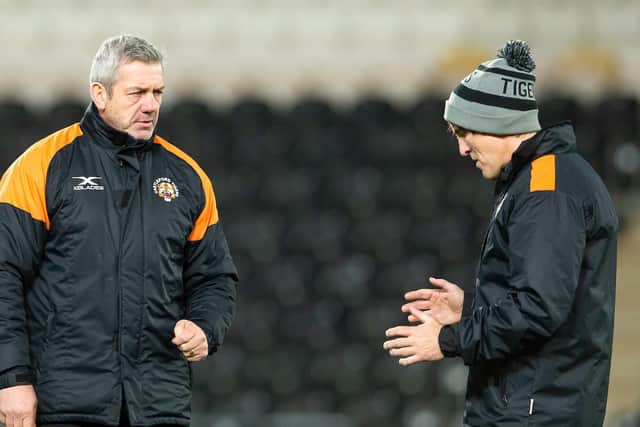COVID BATTLE: Castleford Tigers assistant Ryan Sheridan, right, with coach Daryl Powell, has revealed he suffered a  Covid-19 scare. Picture: Allan McKenzie/SWpix.com.