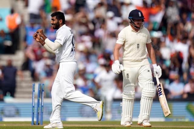 India's Jasprit Bumrah (left) celebrates the wicket of England's Jonny Bairstow at The Oval, the Yorkshireman having struggled for runs throughout the Test series. Picture: Adam Davy/PA