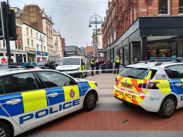 The scene outside Flannels in Vicar Lane after an armed robbery.