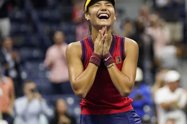 Emma Raducanu reacts after defeating Maria Sakkari during the semi-finals of the US Open tennis championships.