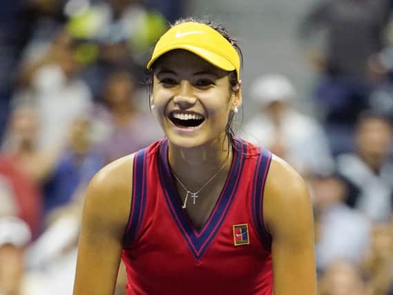 Emma Raducanu celebrates defeating Greece's Maria Sakkari to reach the Women's Final. PIC: PA