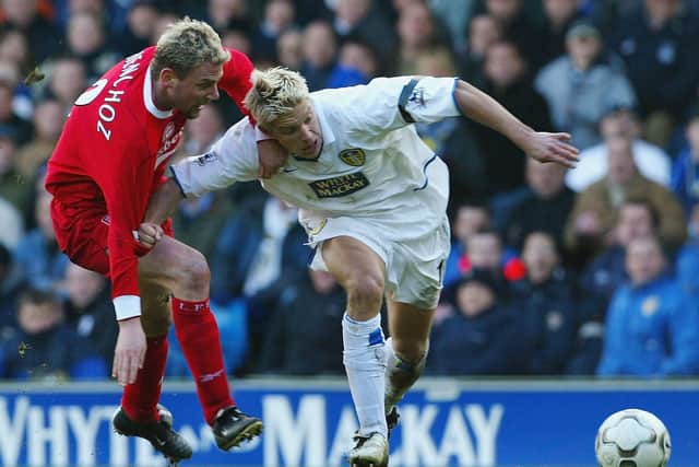 Leeds United played out a 2-2 draw with Liverpool in February 2004. (Photo by Bryn Lennon/Getty Images)