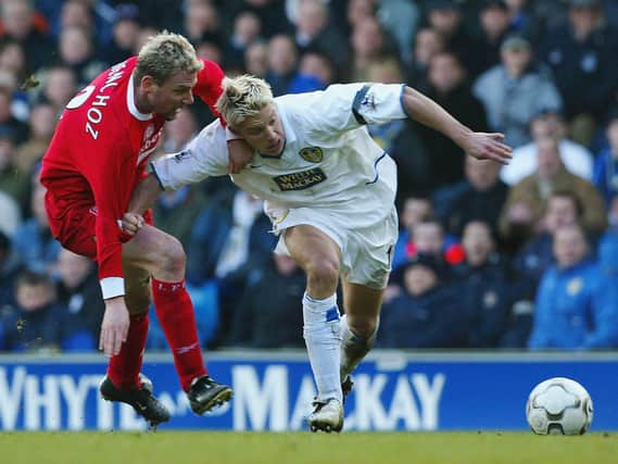 Leeds United played out a 2-2 draw with Liverpool in February 2004. (Photo by Bryn Lennon/Getty Images)