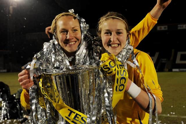 Ellen White celebrates winning the cup with Leeds Carnegie. Pic: Getty