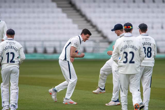 MAKING UP FOR LOST TIME: Matt Fisher bowls Glamorgan's David Lloyd for four at Emerald Headingley earlier this year. Picture Bruce Rollinson
