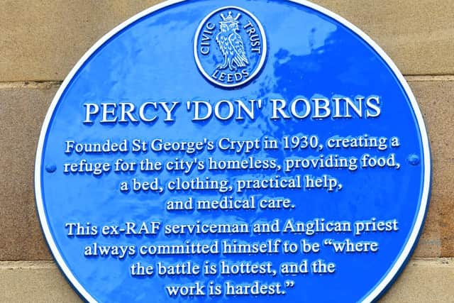 The blue plaque unveiled to Percy 'Don' Robins on the wall at St George's Crypt. PIC: Gary Longbottom