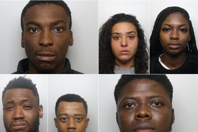 Six defendants were jailed at Leeds Crown Court after pleading guilty to conspiracy to supply Class A drugs.
Top row, left to right: Sebastian Matande, Anisha Golden, Sydney Angus.
Bottow row: Jonathan Ndombasi, Darnell Anderson-Browne, Munashe Munyurwa.