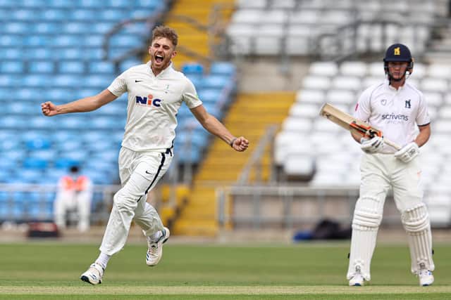 GOT HIM: Yorkshire's Ben Coad celebrates tacking the wicket of Warwickshire's Sam Hain at headingley on Sunday. Picture by Paul Currie/SWpix.com