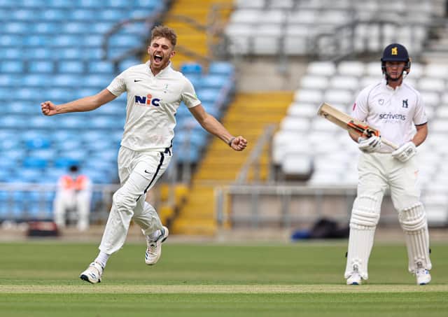 GOT HIM: Yorkshire's Ben Coad celebrates tacking the wicket of Warwickshire's Sam Hain at headingley on Sunday. Picture by Paul Currie/SWpix.com