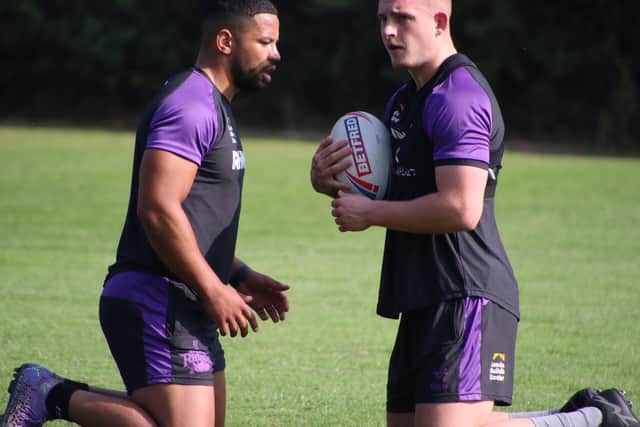 Corey Johnson, right, with Rhinos' first-choice hooker Kruise Leeming. Picture by Phil Daly/Leeds Rhinos.