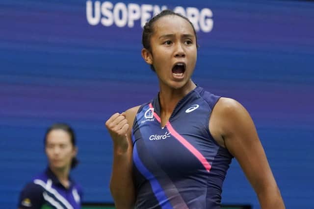 Leylah Fernandez reacts after scoring a point against Emma Raducanu. Picture: AP Photo/Elise Amendola
