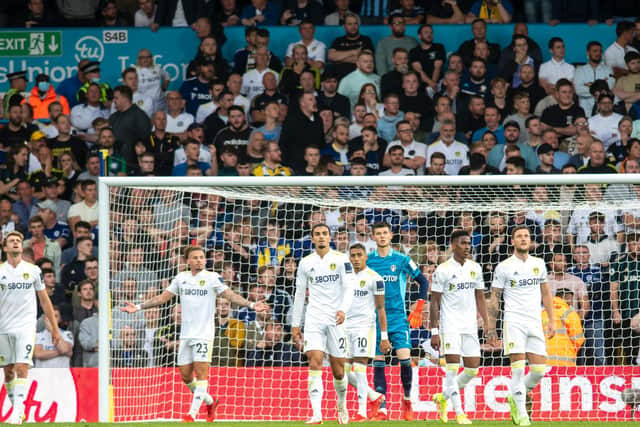 REDS REVERSE: Leeds United's players head back to the centre circle after conceding a second goal to Liverpool via a Fabinho strike from a Trent Alexander-Arnold corner. Picture by Tony Johnson.