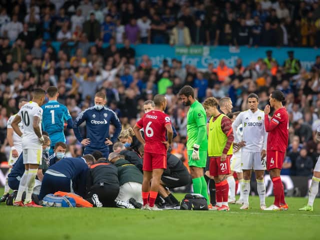SERIOUS INJURY - Liverpool's Harvey Elliott left the Elland Road pitch on a stretcher after a challenge from Leeds United's Pascal Struijk who was sent off. Pic: Tony Johnson