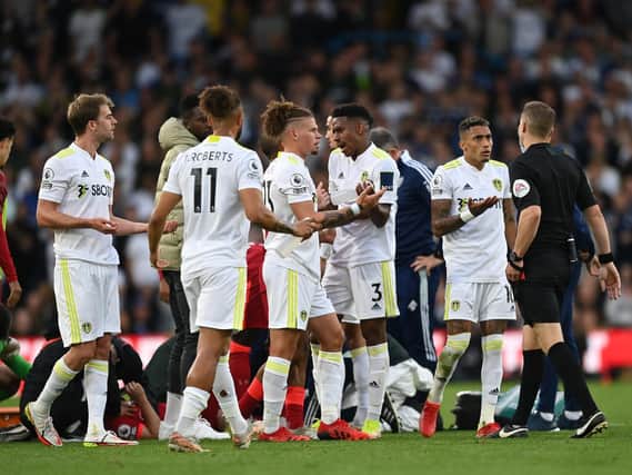 Leeds United players react to Pascal Struijk's red card. Pic: Getty