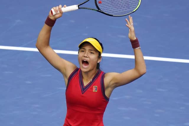 Emma Raducanu reacts after winning the first set against Leylah Fernandez during the women's singles final of the US Open in New York Picture: AP /Frank Franklin II