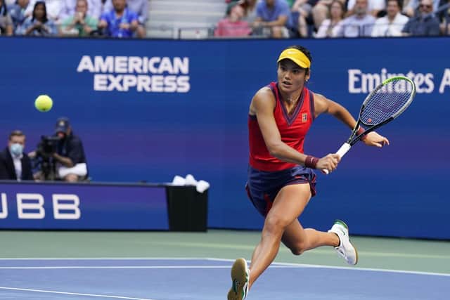 Emma Raducanu chases down a shot from Leylah Fernandez during the women's singles final of the US Open in New York Picture: AP /Elise Amendola