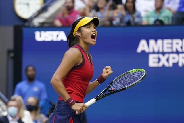 Emma Raducanu celebrates during her hard-fought final of the US Open against Leylah Fernandez  in New York. (AP/Seth Wenig