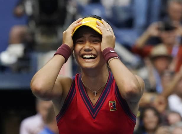 CHAMPION: Emma Raducanu reacts after defeating Leylah Fernandez to win the US Open women's singles title in New York Picture: AP/Elise Amendola