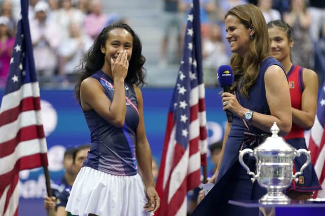 Leylah Fernandez reacts while answering questions after losing to Emma Raducanu in the women's singles final of the US Open  in New York Picture: AP Photo/Seth Wenig