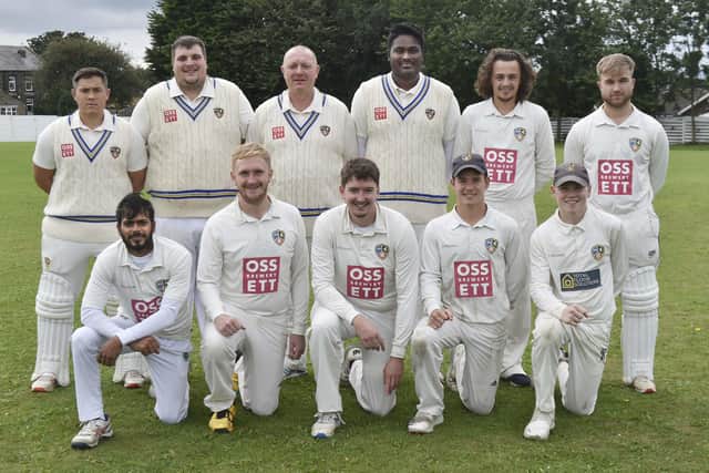 Bradford League Division 1 champions Ossett, back from left, Marcus Walmsley, Matt Varley, Phil Lamb, Sajith Warnakulasuriya, Max Chappell, George Hadfield. Front, Rishin Mahamarakkala Patabedige, Joe Finnigan, James Keen, Bradley Wood, Myles Wood. Picture: Steve Riding.