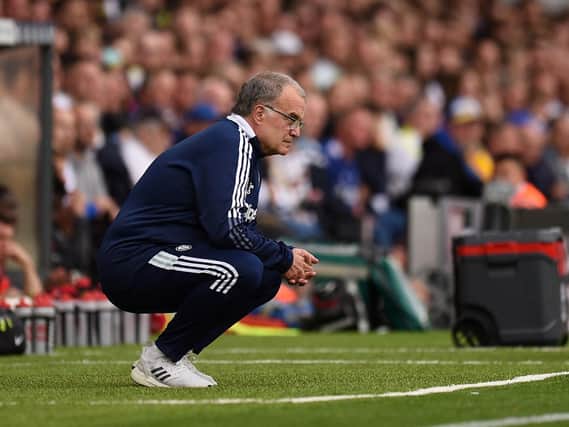 SEARCH CONTINUES: For Leeds United and head coach Marcelo Bielsa, above, in the club's quest for a first win of the new Premier League season following Sunday's 3-0 defeat to Liverpool. Photo by OLI SCARFF/AFP via Getty Images.