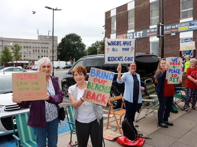 The latest protest has been staged at Bramley Shopping centre as campaigners continue to try and get all benches which were removed by the centre's new owners reinstalled.

Photos by Philip McConnell.