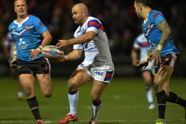 Liam Finn gets a pass away for Wakefield agianst Salford in 2018. Picture by Bruce Rollinson.