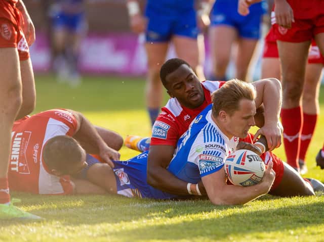 Brad Dwyer scores Rhinos' try in their defeat at Hull KR five months ago. Picture by Bruce Rollinson.
